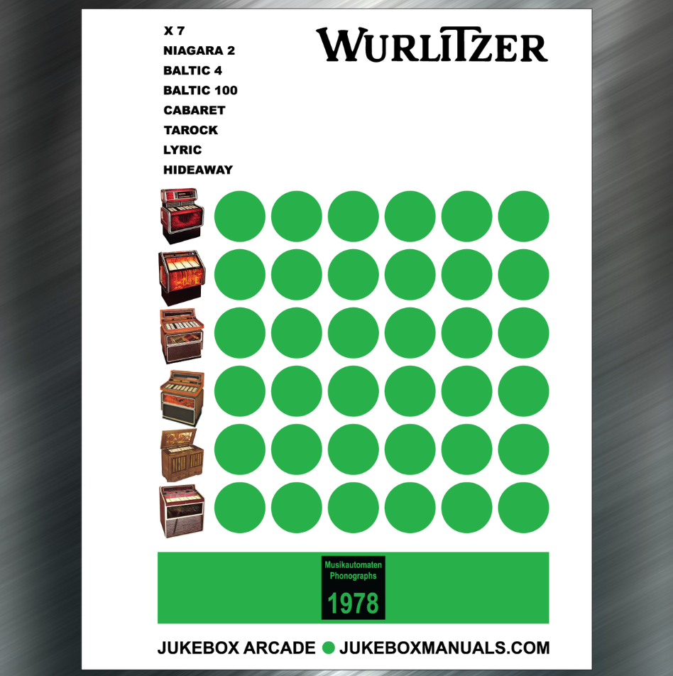 WURLITZER  Models for 1978 for X7, Niagara II,  Baltic 4, Baltic 100, Cabaret, Tarock, Lyric, Hideaway Service Manual with Parts Catalog With Trouble Shooting English, German and French